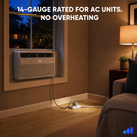 Heavy Duty 15 Ft Ac Extension Cord 14 Gauge Wire With Smooth 360 Rotating Plug For Window Ac Portable Dehumidifier And Fridge Units Indoor Outdoors White Reliable Power connected to a window AC unit.