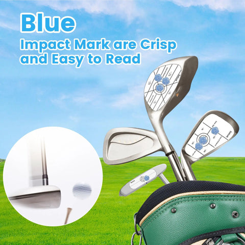 Golf Impact Tape Set 300 Pcs With Instant Blue Mark Feedback on club faces showing impact marks on greens.