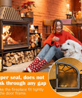 Xmasneed wood stove gasket kit front view: living room with a wood stove; Circular inset shows the stove door gasket.