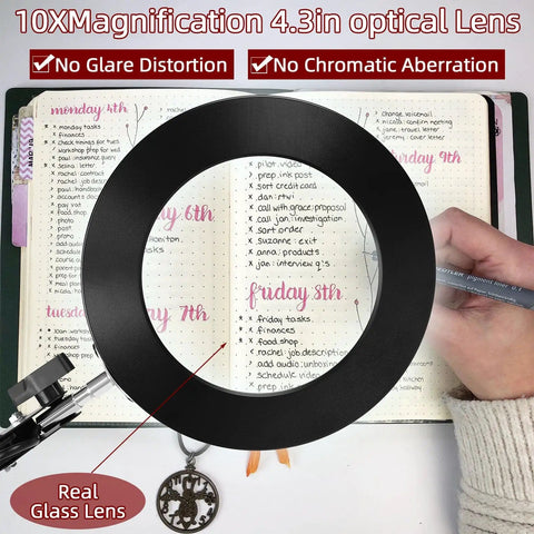 Desk Lamp With Built In 10X Magnifying Glass, 72 LED Lights, 1200 Lumens, Three Color Modes showing magnifier over notebook