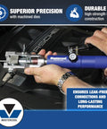 Mastercool hydraulic flaring tool with blue handle, side view showing hydraulic ram and flare head on automotive lines