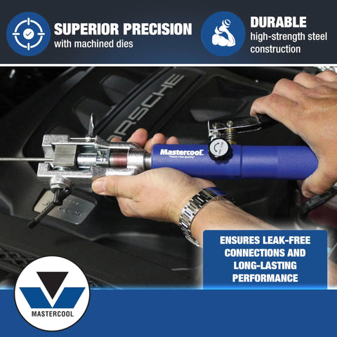 Mastercool hydraulic flaring tool with blue handle, side view showing hydraulic ram and flare head on automotive lines