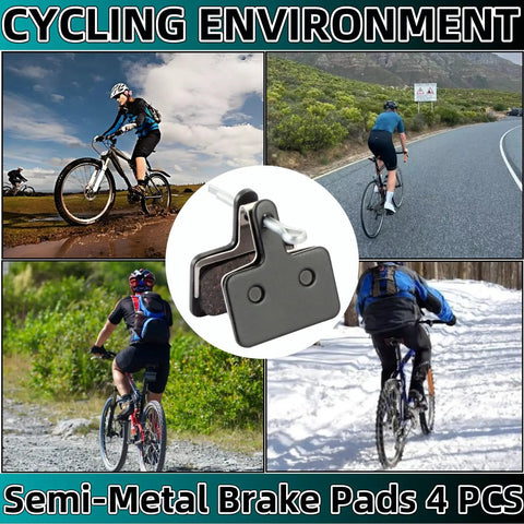 Cyclists on mountain trails with focus on 4 Pairs Bike Brake Pads Resin And Semi Metallic Ebike Disc Brake Pads