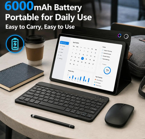 Android 16 Tablet 10.1 Inch 2 In 1 Bundle With Keyboard Wireless Mouse Stylus Leather Case displayed on a desk with open calendar app