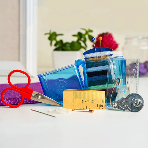Travel Sewing Kit In Colorful Translucent Case With 10 Colored Threads, 25 Inch Tape Measure, Needles, and Quick Fix Gear