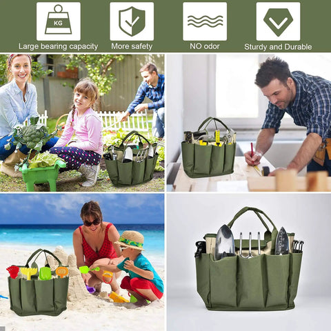 Heavy Duty Canvas Garden Tool Bag With Eight Pockets Large Tote Organizer for gardening and beach activities