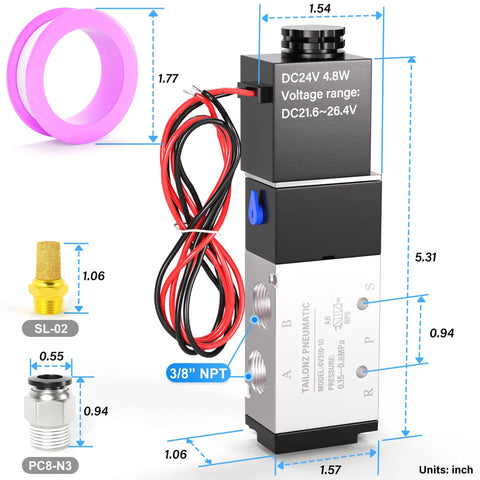 24V DC 2-Position 5-Way Solenoid Valve Heavy-Duty Pilot-Operated Electric with Outlet Wire Included, 3/8 NPT Ports