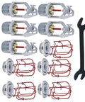 Heavy Duty Chrome Sidewall Fire Sprinkler Kit With 155 Degree Bulbs Half Inch Npt Threads 5 Pack Includes Wrench Guards Escutcheons showing chrome finish and accessories.