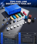 25 Piece Quick Disconnect Tool Kit For A C Fuel Lines And Transmission Systems Great For Mechanics And DIYers Compatible With Ford Chevy GM And More Durable Blue Hand Tool Set For Easy Line Separation And Quick Repair displayed with case and tools.