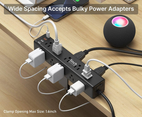 15 Outlet Desk Clamp Power Strip With Widely Spaced Outlets And 6 Ft Flat Plug Surge Protector with connected devices scene.