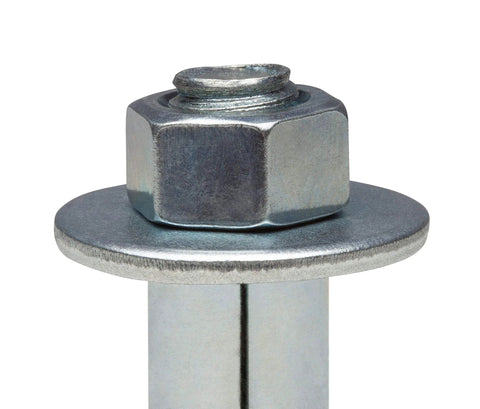 Close-up of 3/8 Inch By 3 Inch Hex Sleeve Anchor, Zinc Plated, Pre-Assembled Heavy Duty Steel Expansion Anchor for Concrete and Masonry.