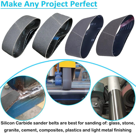 Beefed Up Six Pack 4x36 Inch Silicon Carbide Sanding Belts Set with various grits displayed for knife sharpening and metalworking.
