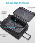 Open view of black lightweight spinner carry-on luggage interior showing spacious interior, mesh divider, and elastic tie tapes.