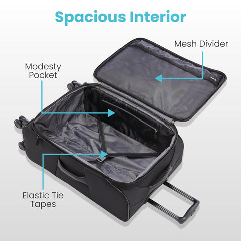 Open view of black lightweight spinner carry-on luggage interior showing spacious interior, mesh divider, and elastic tie tapes.