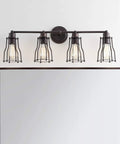 Sleek Oil Rubbed Bronze Modern Industrial Vanity Light With Four Lights And Metal Cage Shade Reversible Wall Sconce Over Mirror