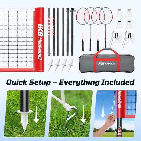 Outdoor Badminton Net Set With Anti Sag Winch System, 20ft Net, 4 Rackets, 3 Shuttlecocks And Carry Bag, setup elements