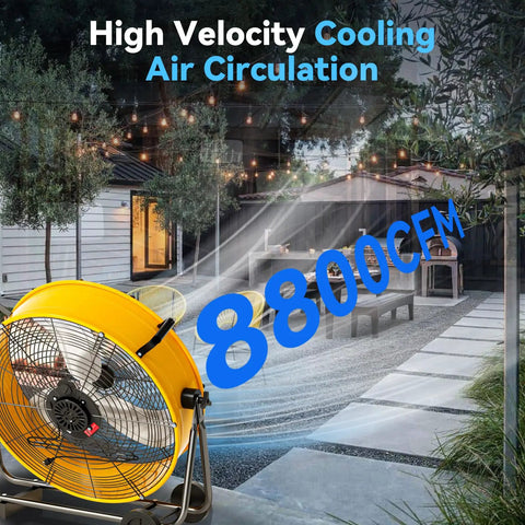 24 Inch High Velocity Industrial Drum Fan With 8800 CFM shown outdoors providing high velocity cooling air circulation.