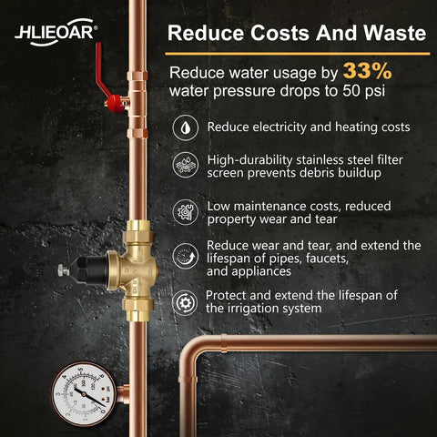 1-inch NR3XLDU water pressure reducing valve with brass body and double union FNPT connections on copper piping