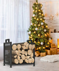 Built Tough Indoor Firewood Rack With Leather Carrier 17.32 Inch Metal Wood Storage Stand near Christmas tree