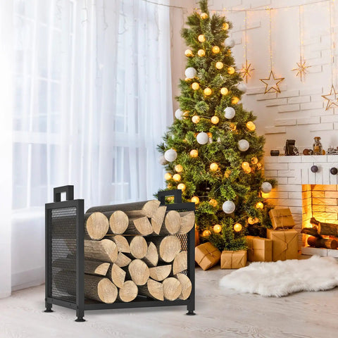 Built Tough Indoor Firewood Rack With Leather Carrier 17.32 Inch Metal Wood Storage Stand near Christmas tree