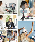 Collage of VL49 2000mAh LED Video Light with 3 Cold Shoe Mounts used in various vlogging and photography setups indoors and outdoors