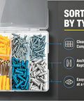 All-In-One Drywall Anchors And Screws Kit 270-Piece Mega Pack With Plastic Wall Anchors And Zinc Alloy Screws Galvanized For Long-Lasting Strength Easy Install For Home Improvement And DIY Projects, sorted in clear organizer