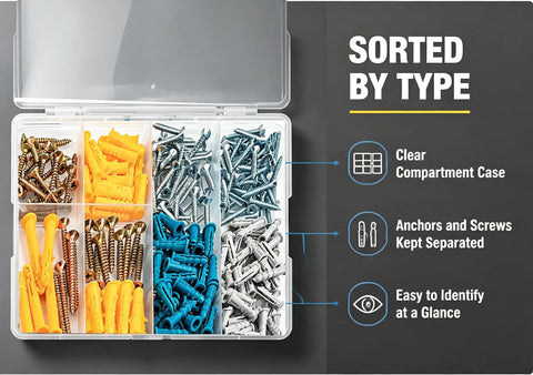 All-In-One Drywall Anchors And Screws Kit 270-Piece Mega Pack With Plastic Wall Anchors And Zinc Alloy Screws Galvanized For Long-Lasting Strength Easy Install For Home Improvement And DIY Projects, sorted in clear organizer