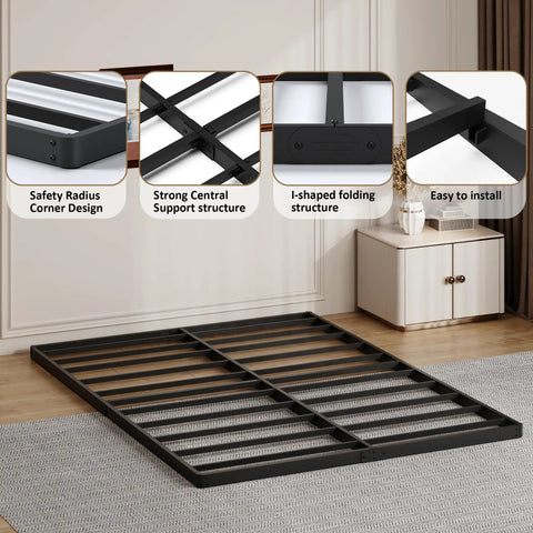 King Size 2 Inch Low Profile Box Spring Heavy Duty Bunkie Board Mattress Foundation With Fabric Cover Squeak Free Frame details showing sturdy support design.