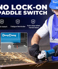 DongCheng 9.2 Amp corded angle grinder, 4-1/2 in., paddle switch, blue body with sparks.