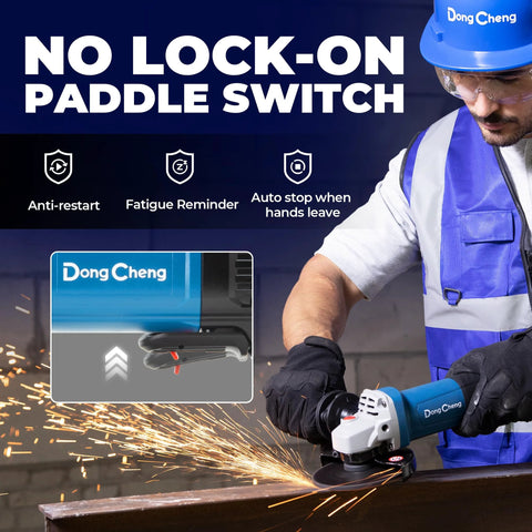 DongCheng 9.2 Amp corded angle grinder, 4-1/2 in., paddle switch, blue body with sparks.