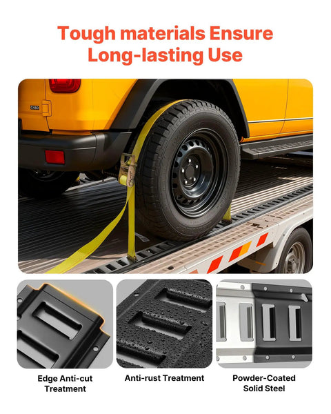 E Track Tie Down Rail Kit 4 Pack 2 Ft Rails With Ratchet Straps secures yellow vehicle on trailer with durable materials