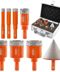 Front view of Dry Diamond Drill Bit Set BGTEC with 6–35 mm orange vacuum-brazed bits and metal case