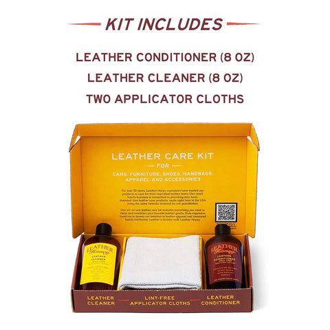 Hardcore Leather Care Kit With Nontoxic Conditioner And Gentle Cleaner for rejuvenating furniture and auto seats.