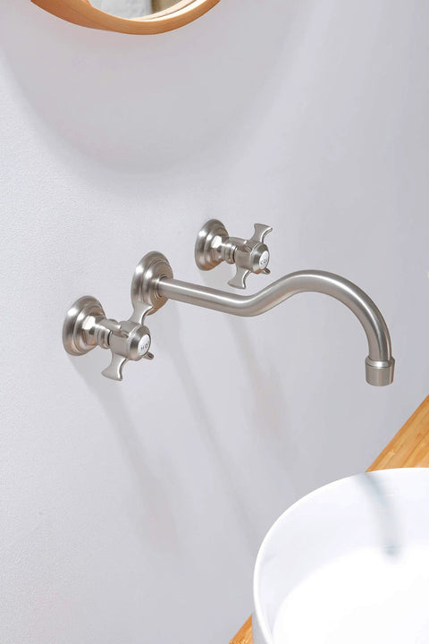 Two Handle Wall Mount Bathroom Sink Faucet with Rough In Valve Included Brushed Nickel Finish Solid Brass Construction, side view