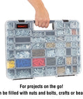 Person holding a Portable Storage Case With Secure Locks And 55 Small Bin Compartments For Hardware, durable and transparent.