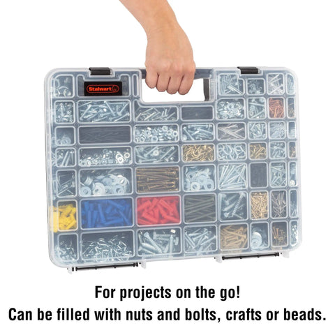 Person holding a Portable Storage Case With Secure Locks And 55 Small Bin Compartments For Hardware, durable and transparent.