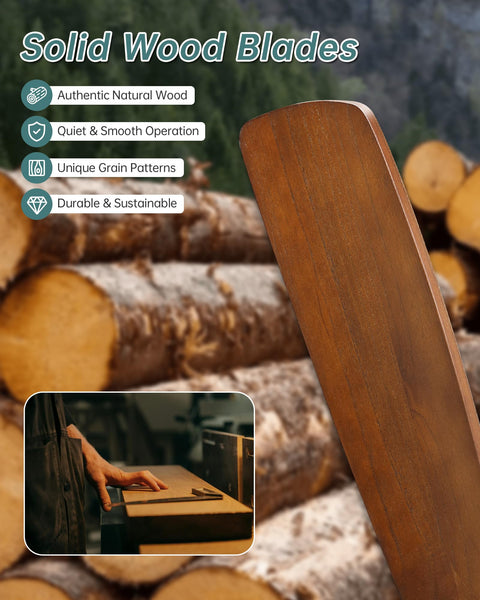 Solid wood blade detail of 52 Inch Solid Wood Ceiling Fan With Remote Control No Light Flush Mount Wood Blades Whisper Quiet DC Motor