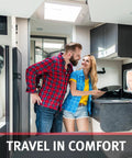 Couple enjoying time in RV kitchen with No Fuss Compact Wall Mount Rv Electric Heater Featuring Adjustable Thermostat And Ultra Slim Design.