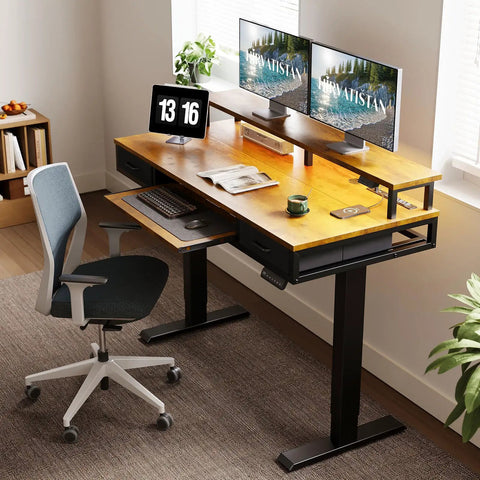 Electric Standing Desk With Drawers And Keyboard Tray, 55 Inch Height Adjustable Gaming Desk With Power Outlets And LED Lighting