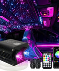 Dual Color 20W Twinkle Starlight Headliner Kit installed in car interior with app control, remote, and dual port light box shown