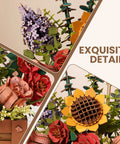 3D Wooden Bloom Box Puzzle Desktop Bouquet Kit For Adults, Intricately Carved Flowers in vibrant colors and natural details