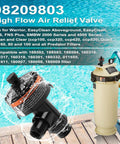 High-flow air relief valve for pool filters, black plastic; front view beside beige filter housing.
