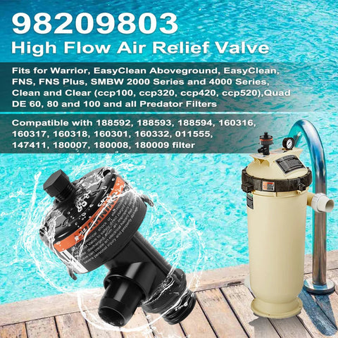 High-flow air relief valve for pool filters, black plastic; front view beside beige filter housing.