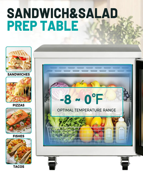 Heavy Duty Twenty Seven Inch Undercounter Worktop Freezer With Sleek Digital Temperature Controller And Rapid Airflow Design, featuring vegetables and fruit storage.
