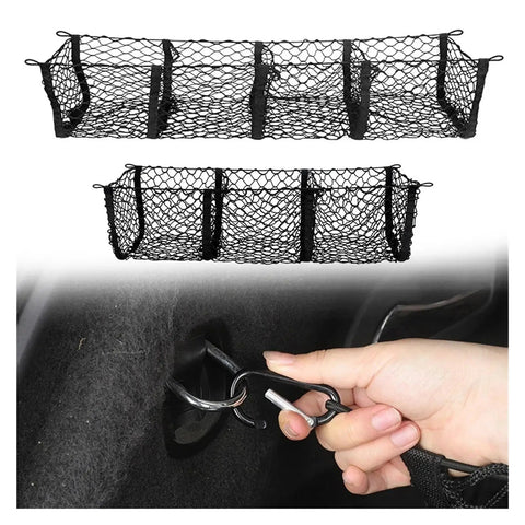 Heavy Duty Mesh Cargo Storage Net For Tesla Cybertruck 2024 Plus Keeps Your Trunk Tight As A Rock Solid Trunk Barrier in black mesh.
