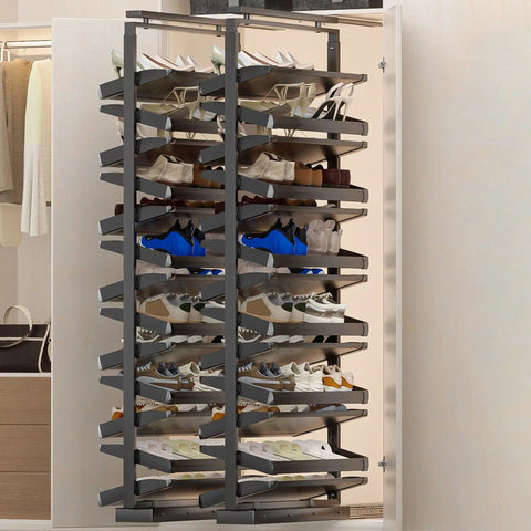 Slick Pull Out Shoe Rack With Heavy Duty Smooth Slide Rails And Adjustable Height Vertical Design in a closet, holding various shoes.
