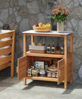Dope Patio Wood Storage Cabinet For Outdoor Kitchen Acacia Buffet With Marble Style Countertop, showing open doors with items inside.