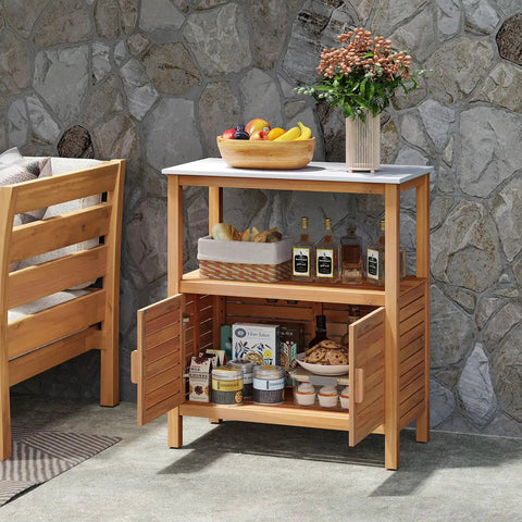 Dope Patio Wood Storage Cabinet For Outdoor Kitchen Acacia Buffet With Marble Style Countertop, showing open doors with items inside.