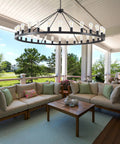 Massive Black Wagon Wheel Chandelier, 64 Inch, 30-Light Farmhouse Round Industrial Ceiling Light Fixture on porch