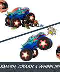 Mega-Wrex 1:15 Scale RC Monster Truck With Lights And Sounds, Battery-Powered Off-Road Action in wheelie mode with remote control.